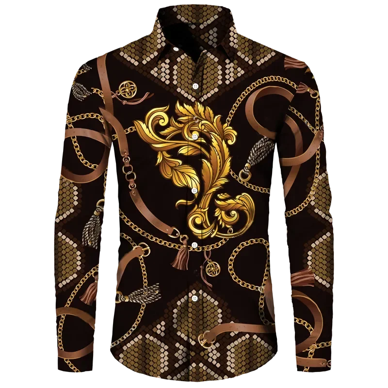 Fashion Luxury Golden Flower Print Men's Shirts Baroque Style Short/Long Sleeve Lapel Button Up Tops Social Hawai Party Cardigan