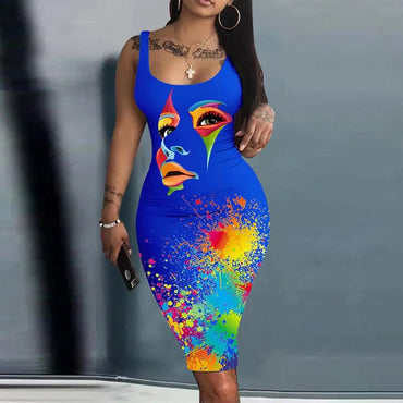 Summer Women Chic Tank Sleeveless Face Pattern Print Ladies Dress for Women 2023 Sexy Elegant Boho Dress Vestidos Bodycon Dress