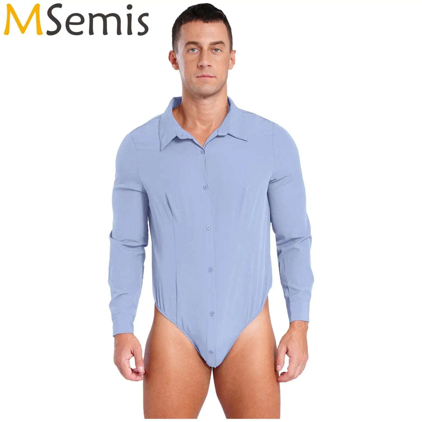 Mens Button Down Easy Care Work Bodysuit Shirt Swimsuit Solid Color One-Piece Jumpsuit Turn-down Collar Long Sleeve Body Tops
