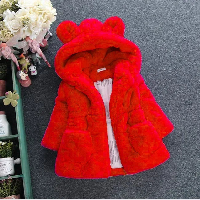 Winter Girl's Coat Furry New Hooded Bear Solid Color Long-sleeved Coat Thick Warm Cute Girls All Fashion Shawl