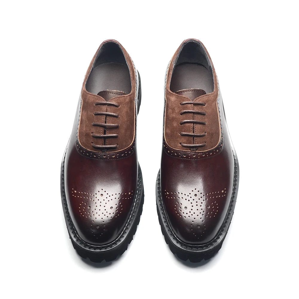 Soft Chunky Black Sole Men Oxford Dress Sneakers Genuine Leather Brogue Suede Casual Business Elevator Shoes Lace-up Modern Man