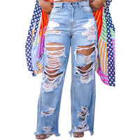 Hole Jeans for Women Ripped Straight Pants Mid Waist Distressed Washed Pockets Vintage Denims 2025 Streetwear Female Trousers
