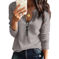 One-Handed Pullover Zipper Style Women's Shirt Long Sleeve Knitted Pure Color Casual Fashion Ladies' Top