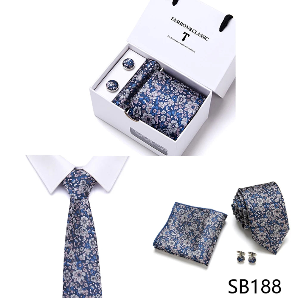High Quality 7.5 cm Stripe Blue Tie Pocket Square Cufflinks Set For Men Gift Box Wedding Gravatas Fit Workplace