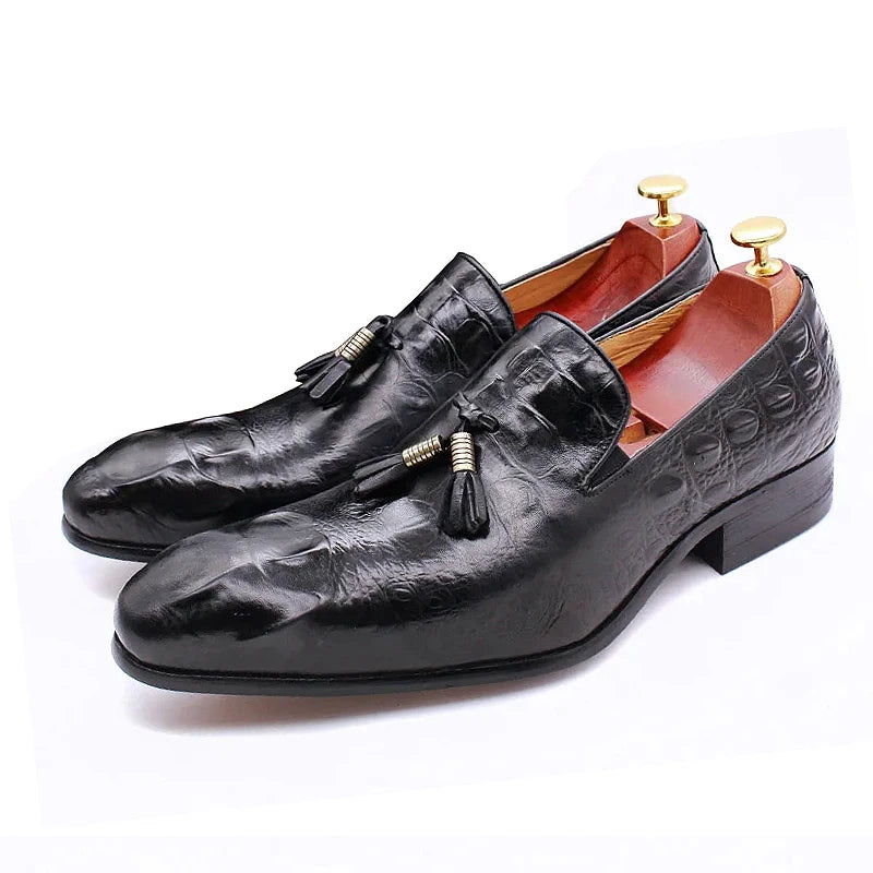 Luxury Men's Black Coffee Crocodile Print Loafers Slip-On Tassel Detail Casual Formal Dress Leather Shoes