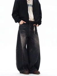 Vintage Black Washed Baggy Jeans Pants Men Wide leg Curved Blade Pants Streetwear Cowboy Casual Denim Straight Trousers