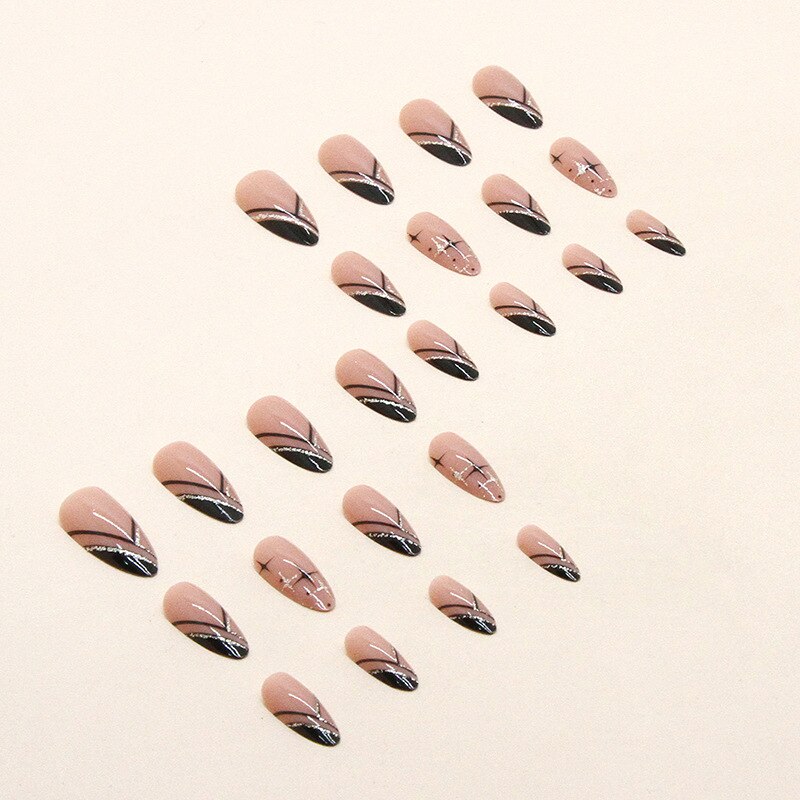 24Pcs Long Round Head Black Glod Line Press On Nail Art Removable Fake Nails With Glue Full Cover Waterproof False Nails