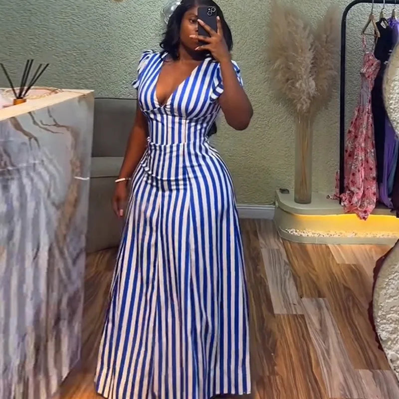 Women Striped Printed V-Neck Dress Short Sleeve Elegant Slim Casual Vacation Streertwear Vintage Long Dress Summer Dresses 2025