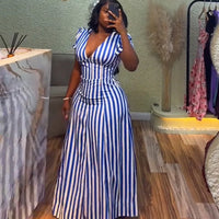Women Striped Printed V-Neck Dress Short Sleeve Elegant Slim Casual Vacation Streertwear Vintage Long Dress Summer Dresses 2025