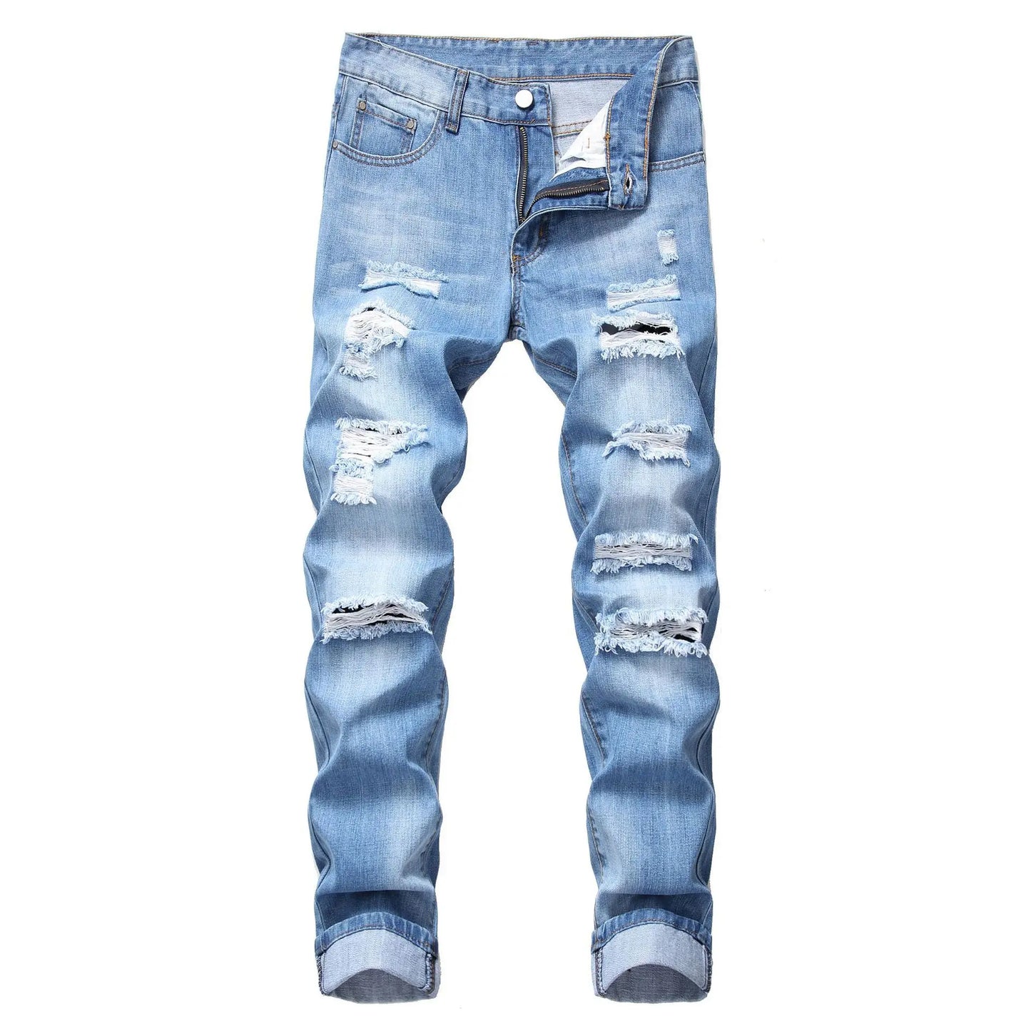 Mens Ripped Jeans Straight Slim Elasticless Tattered Trousers Autumn Streetwear Fashion Male Large Size Denim Pants