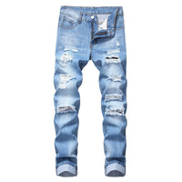 Mens Ripped Jeans Straight Slim Elasticless Tattered Trousers Autumn Streetwear Fashion Male Large Size Denim Pants