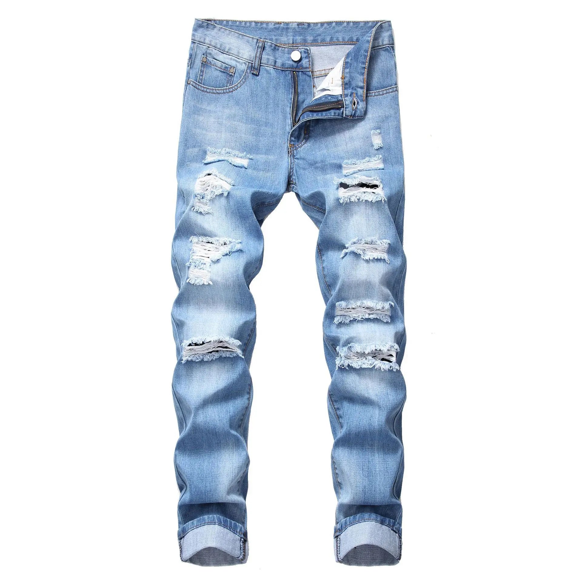 Mens Ripped Jeans Straight Slim Elasticless Tattered Trousers Autumn Streetwear Fashion Male Large Size Denim Pants