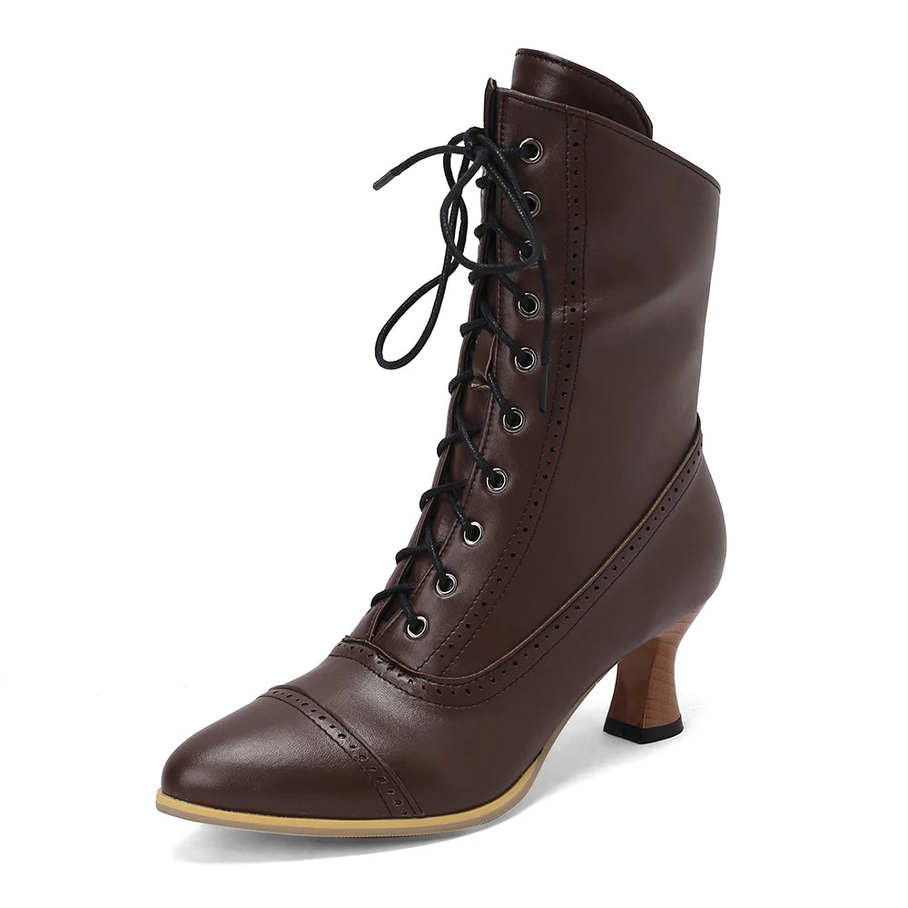 2025 New Lace Up Ladies High Heel Shoes Strange Steampunk Boot Victorian Ankle Boots Women Pointed Toe Thick Soled Short Boots