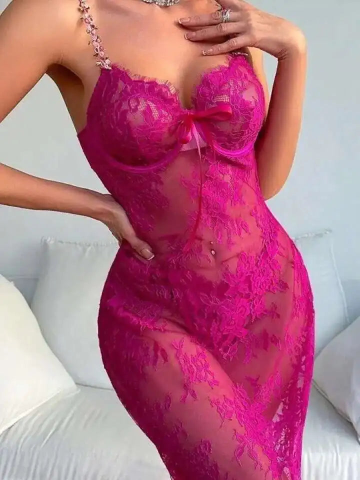 New Sexy Lace Mesh Transparent Embroidered Strap Dress Elegant Rose Red Long Dress V Neck 2025 New Fashion Tops QTZ9