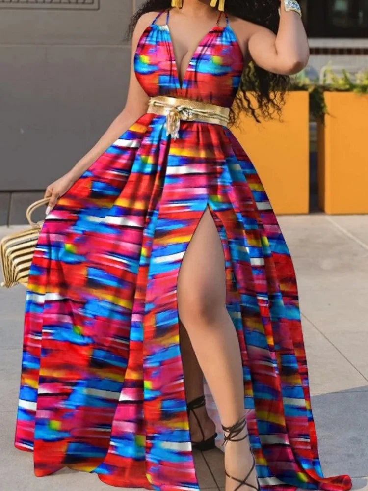 Wmstar Plus Size Dress Women Wholesale Deep V Neck Dot Print Long Dress with A Sexy Slit and A Big Swing,paired with A Belt