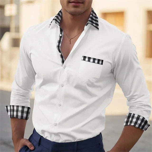 Men's Button Up Shirt, Black and White Solid Color, Long Sleeved Striped Cuffs, Lapel Collar, Daily Vacation Pocket, Fashionable