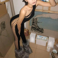 Sexy Streetwear Slanted Shoulder Hollow Sleeveless Jumpsuit Hot Girls Tight Fitting Slimming Bottom Jumpsuit Punk Personality