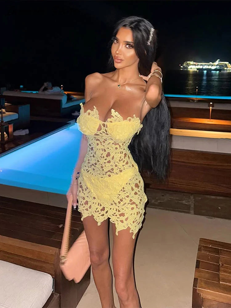 Sexy Solid Color Hollow Out Dress Women's Slim Sleeveless Backless Mini Dresses 2026 Summer New Lady Bohemian Beach Resort Wear