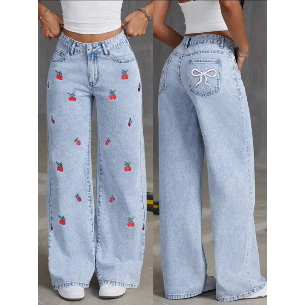Women Jeans Embroidery High Waist Distressed Washed Pockets Vintage Floor Length Trousers 2025 Denim Wide Leg Pants Streetwear