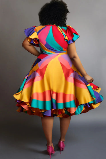 Pleated A-Line Ruffle Dress Plus Size Vintage Multicolor Round Neck Petal Sleeve Short Sleeve Elegant Sweet Satin Midi Dress