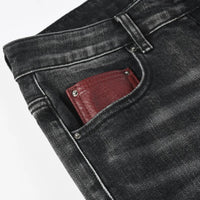 Fashionable new men's jeans with pleats, washed water, nostalgic perforations, red patches, men's black and gray jeans, high str