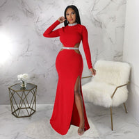 Female Autumn Winter Long Maxi Dress Cutout Waist High Side Split Long Sleeve Dresses Vestidos Sexy Elegant Party Clubwear