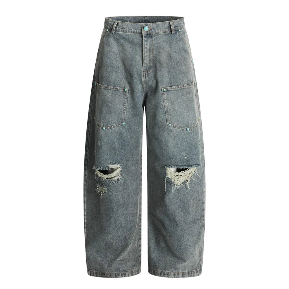 Ripped Jeans Mens With Rivets Pocket Retro High Street Washed Distressed Loose Wide leg Denim Pants Men