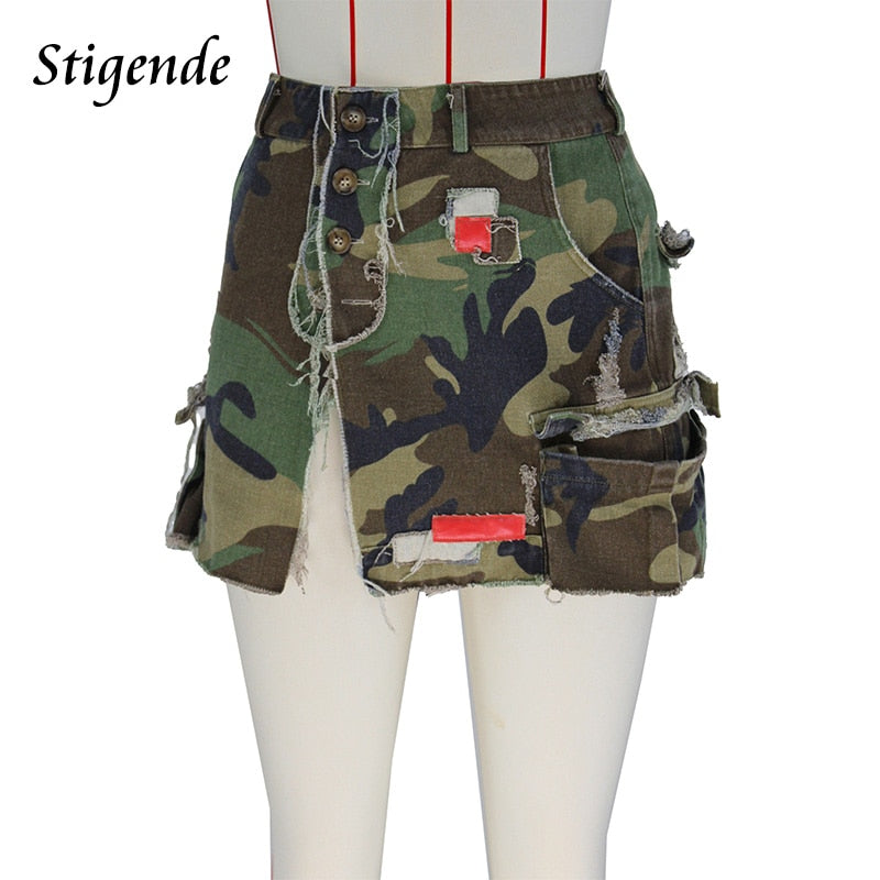 Stigende Sexy High Split Camouflage Mini Skirt Women Army Green Ripped Irregular Skirt Spliced Color Pocket Button Party Skirt