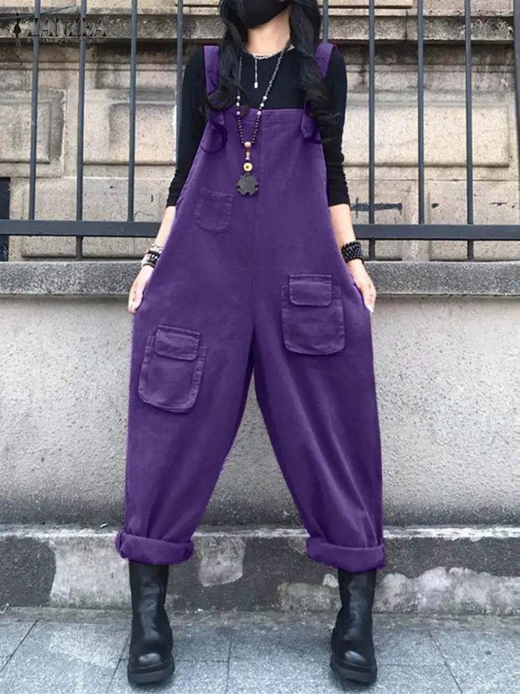 Fashion Women Jumpsuits Suspender Female Causal Loose Pocket Maxi Cargo Pants ZANZEA 2023 Spring Autumn Solid Rompers Overalls