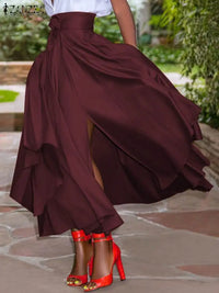 ZANZEA 2023 Summer Women Party Split Sundress Stylish Irregular Skirts High Waist Maxi Vestidos Solid Robe Saia Holiday Faldas