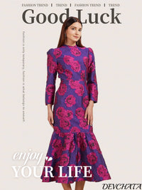 Elegant Brocade Women Maxi Mermaid Dress Long Vintage Flowers Slim Clothing Stand Collar Party Dresses Robe Femme Vestido