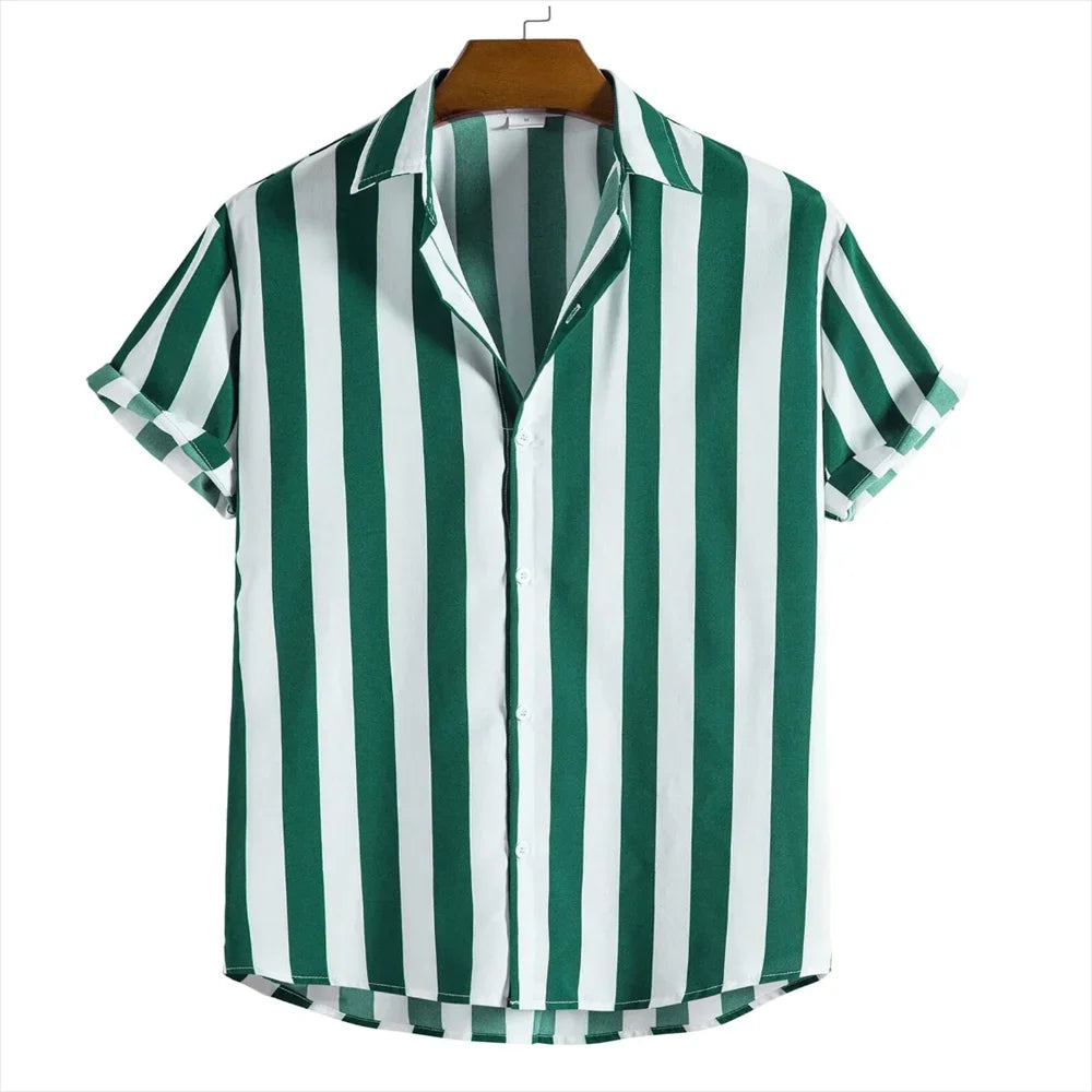 2024 men's shirt button shirt summer shirt 8 color short -sleeved striped striped lapel fashion Hawaiian casual beach shirt