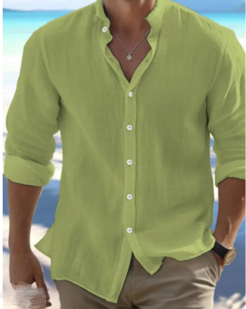 Men's Linen Button-down Shirt for Men Summer Beach Shirt Long Sleeves Plain Stand-up Collar, Spring/summer Casual Everyday Wear