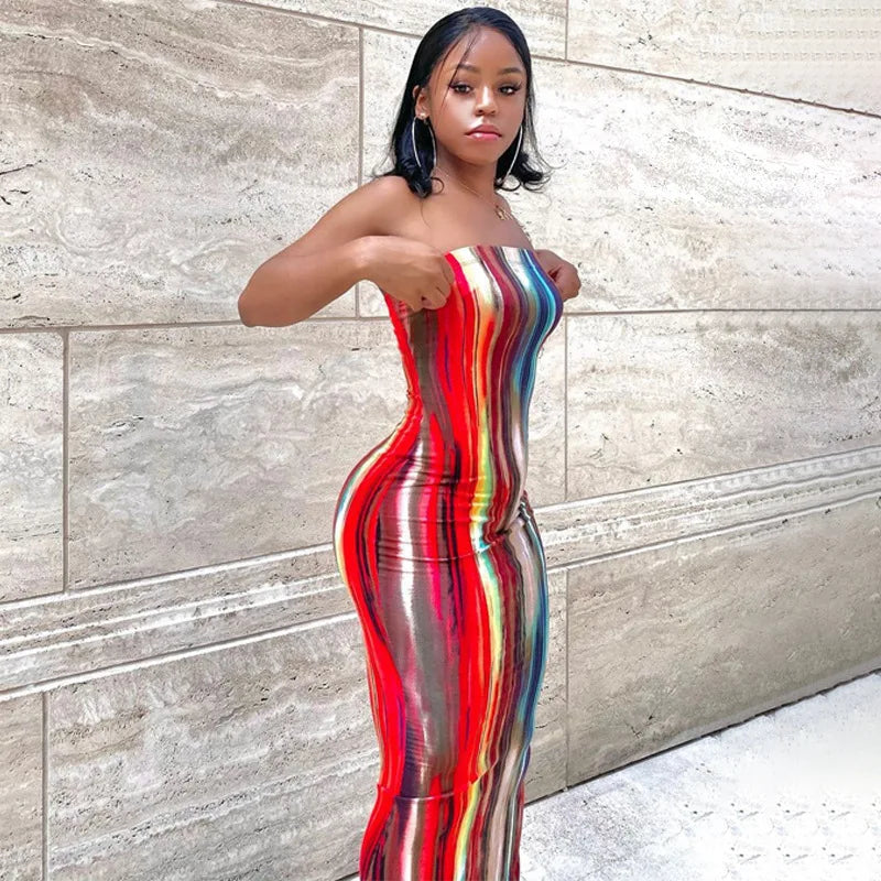 2022 Women's Spring/Summer Colorful Tie Dye Off Shoulder Wrap Dress Sexy Slim Holiday Beachdress Maxi Bodycon Dresses Femme Robe