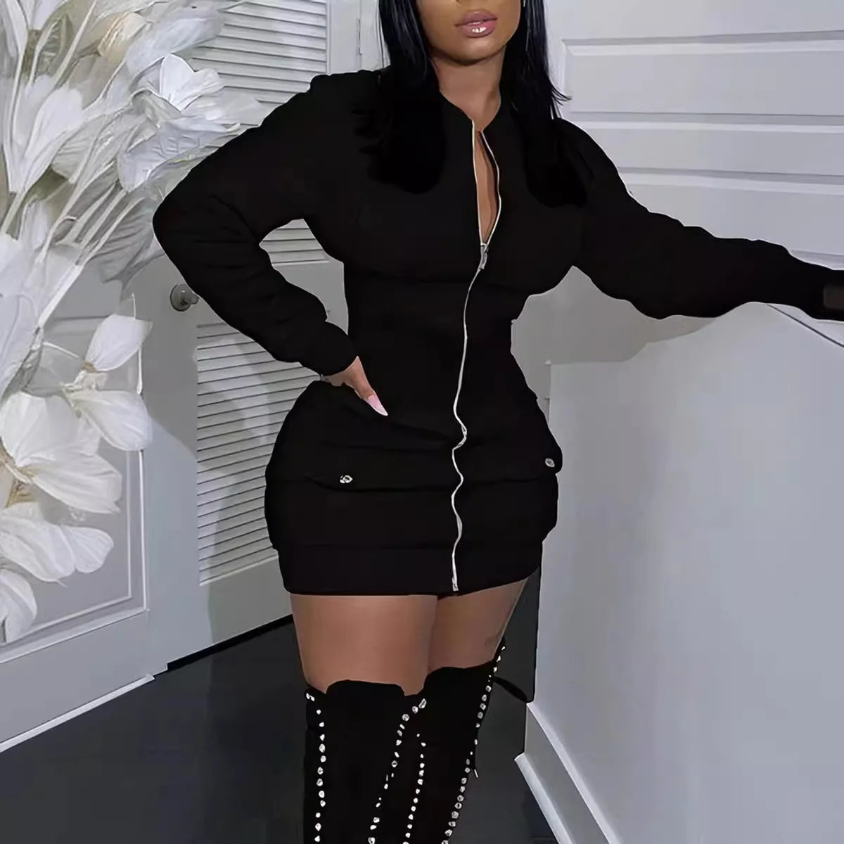 Fashion Long Sleeve Zipper Black Mini Dress Women 2025 Autumn Winter Sexy Bodycon Dresses For Women Robe Femme