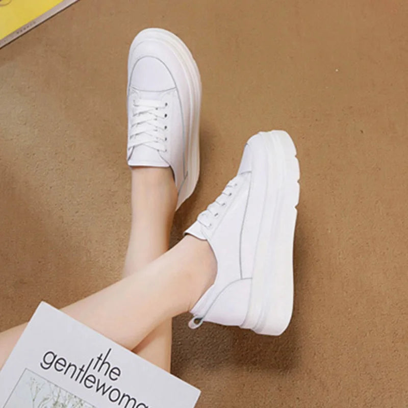 Genuine Leather Shoes Women Sneakers Height Increasing Shoes Casual Woman White Footwear New Spring Summer Thick Sole 5cm A1437