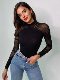 Shestyle Mesh Full Sleeve Mock Neck Body for Women Black Patchwork Stretchy Elegant Romantic Breathable Bodysuits Basic Tops
