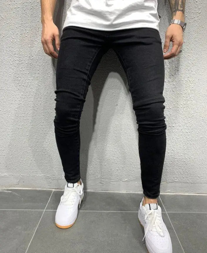 2023 Fashion Street Style Ripped Skinny Jeans Men Vintage wash Solid Denim Trouser Mens Casual Slim fit Black Blue denim Pants