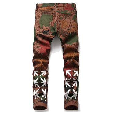 Men’s Trendy Full Prints Decors Denim Pants,High Quality Slim-fit Brown Jeans,Street Fashion Sexy Jeans,Daily Casual Jeans Pants