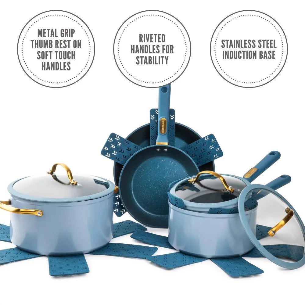 Nonstick 12-Piece Granite Cookware Set Non-stick Cookware for Kitchen Battery Pots and Pans Blue Free Shipping Cooking Pots Sets