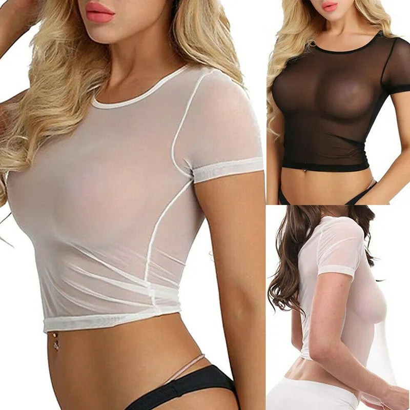 Sexy Women T Shirt See Through Mesh Black Tee Sheer Slim Short Sleeve Crop Top Women Clothing Blouse Transparent Clubwear