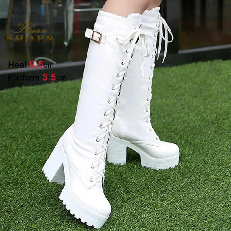 2025 Sexy White Women Knight Boots Coarse Heels Round Toe Knee High Boots Lace Up Multi-belt Buckle High Heeled Boots Size 35-43