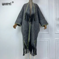 WINYI new Winter Women Solid color Luxury Fur Neutral coat Loose cardigan elegant Warm Female coat over poncho tassels jacket