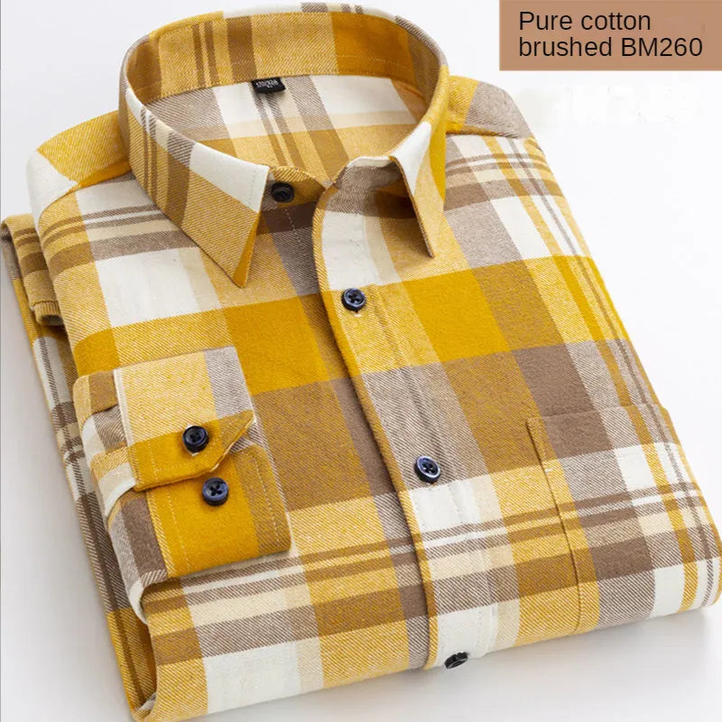 Cotton Plaid Shirt Men's Long-Sleeved High-End Clothing Casual Plaid Flannel Shirt 100% Cotton Button Tops Male Leisure Shellort