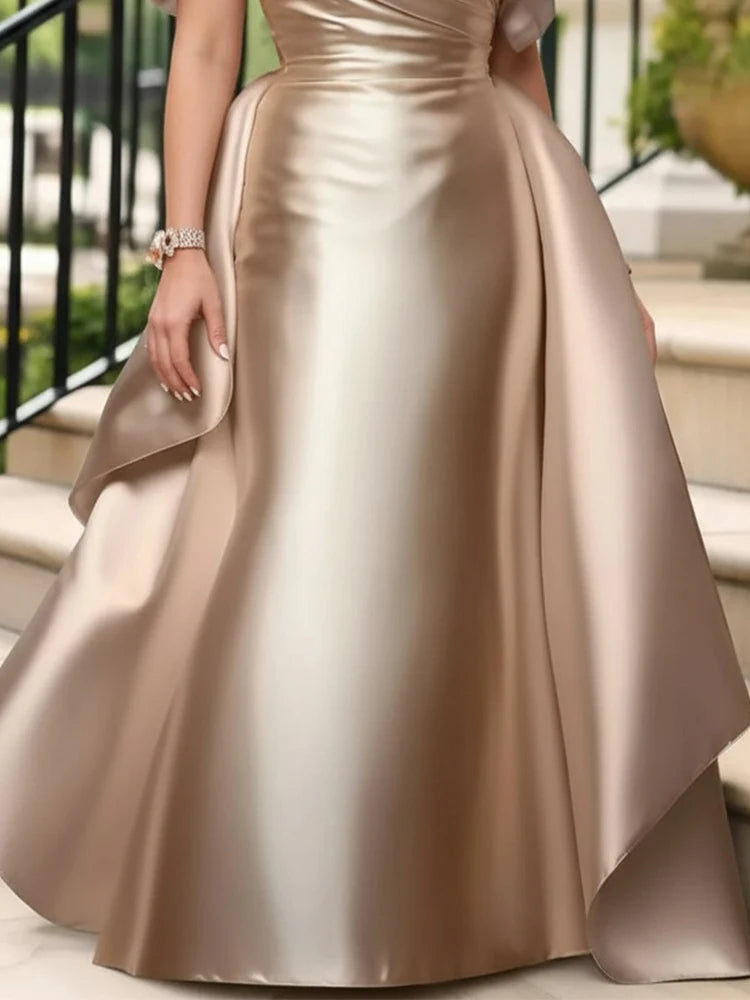Plus Size Satin Evening Dress for Women's Off Shoulder Puff Sleeve Solid Elegant Cocktail Wedding Guest Maxi Dresses