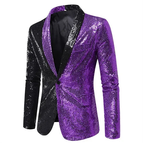 Shiny Sequin Men's Suit Jacket, Stage Performance Coat, White Silver Blue Red Purple Blazers V-neck Single Button S M L XL XXL