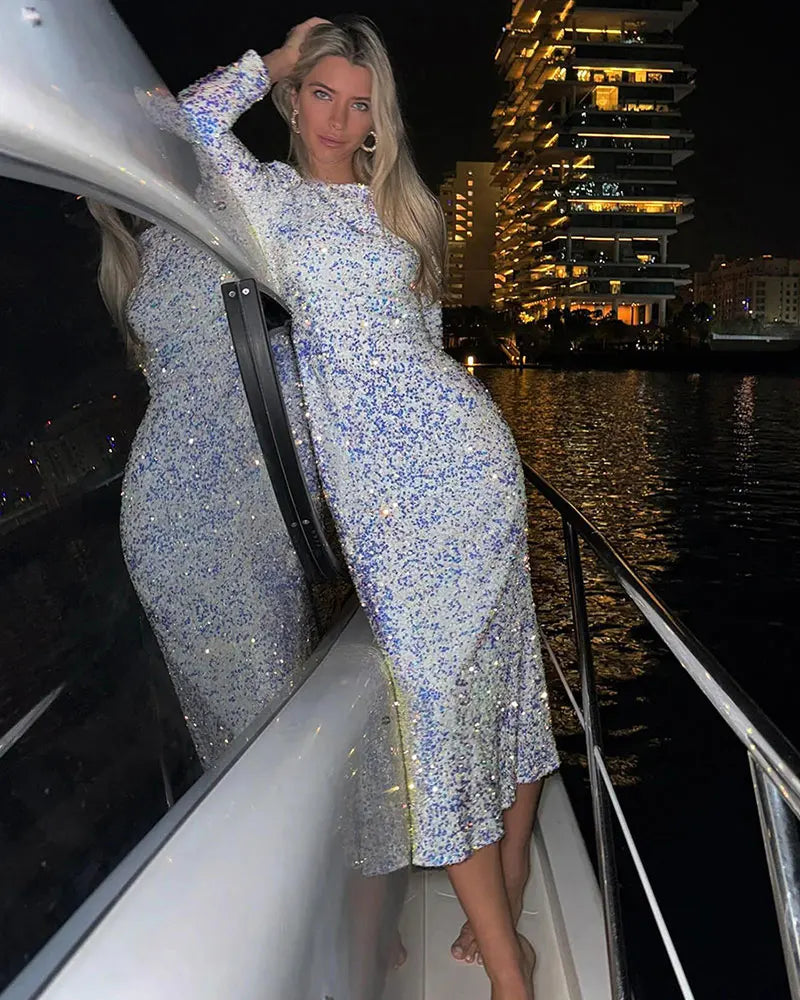 GACVGA Fashion Sequined Party Slim Midi Dress For Women 2025 Autumn Winter Elegant Long Sleeve Sexy Bodycon Evening Dresses