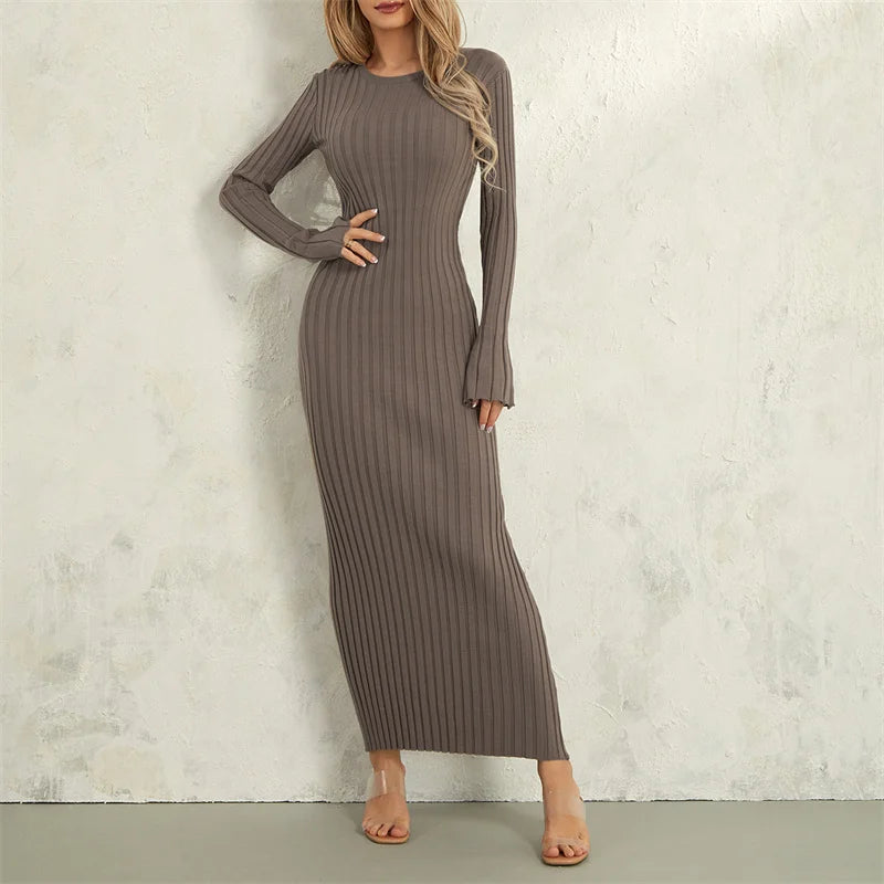 Autumn Winter Elegant Knit Dress Women Solid Long Sleeve Round Neck Slim Stretch Long Vestios with belt Female Party Streetwear