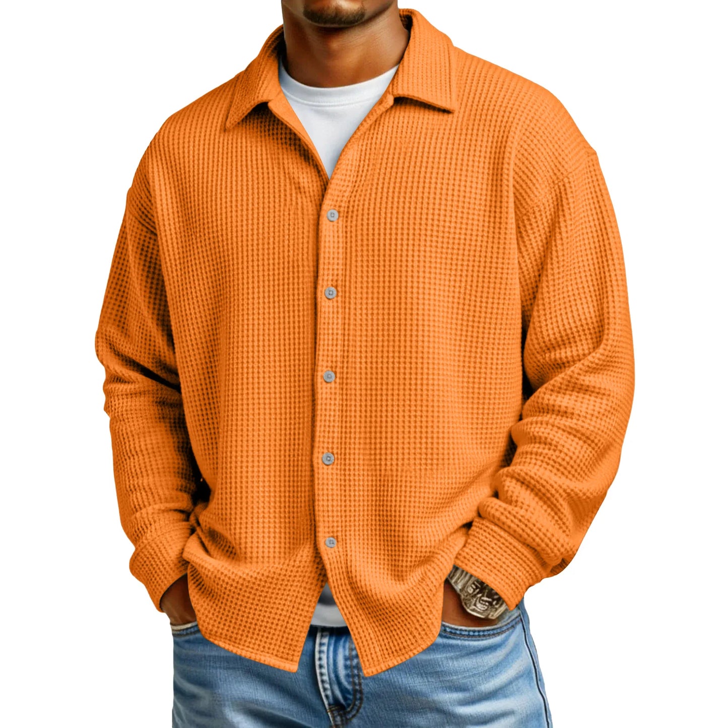 Men Casual Button Down Shirt Long Sleeve Collar Shirt Waffle Texture Loose Fit Fashion Men Top Trendy Outfit Daily Wear