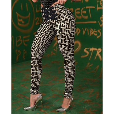 Women Chic High Waist Button Criss Cross Pencil Pants Trousers Spring&amp;Autumn Geometric Print High Waist Butt Lift Skinny Pants